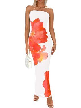 Women's White Orange Floral Summer Strapless Maxi Dress Formal Tube Mesh Dress